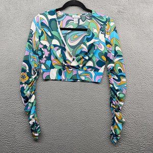 Rue21 Womens Crop Blouse Multicolor Trippy Y2K Stretch Long Sleeve V-Neck